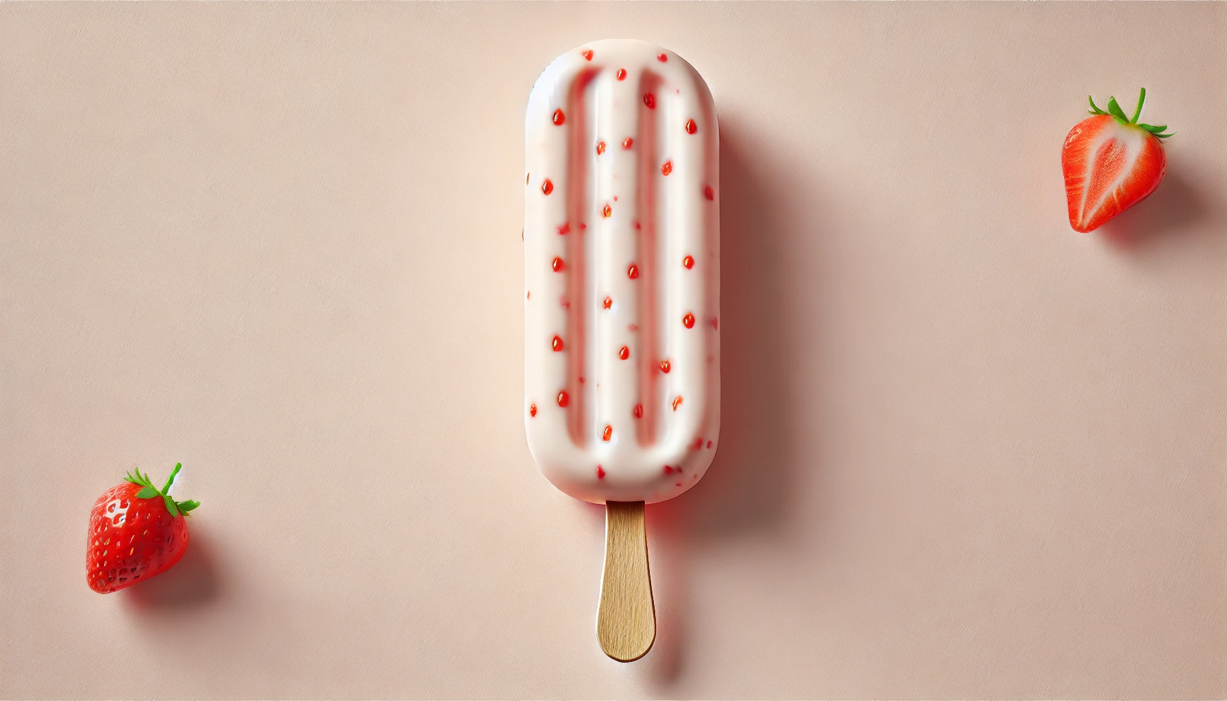 A long rectangular yogurt ice cream bar with a stick, in strawberry flavor. The yogurt bar has a creamy, smooth texture and looks very refreshing. The background is minimalistic to keep the focus on the strawberry-flavored ice cream bar.