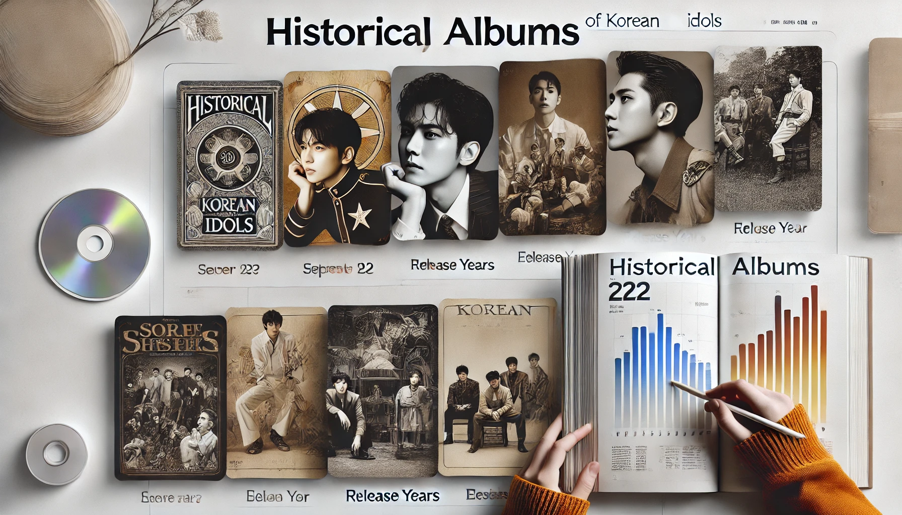 A beautifully designed page showcasing historical albums of Korean male idols, featuring album covers and release years. The page has a modern, sleek layout with a focus on visual appeal.