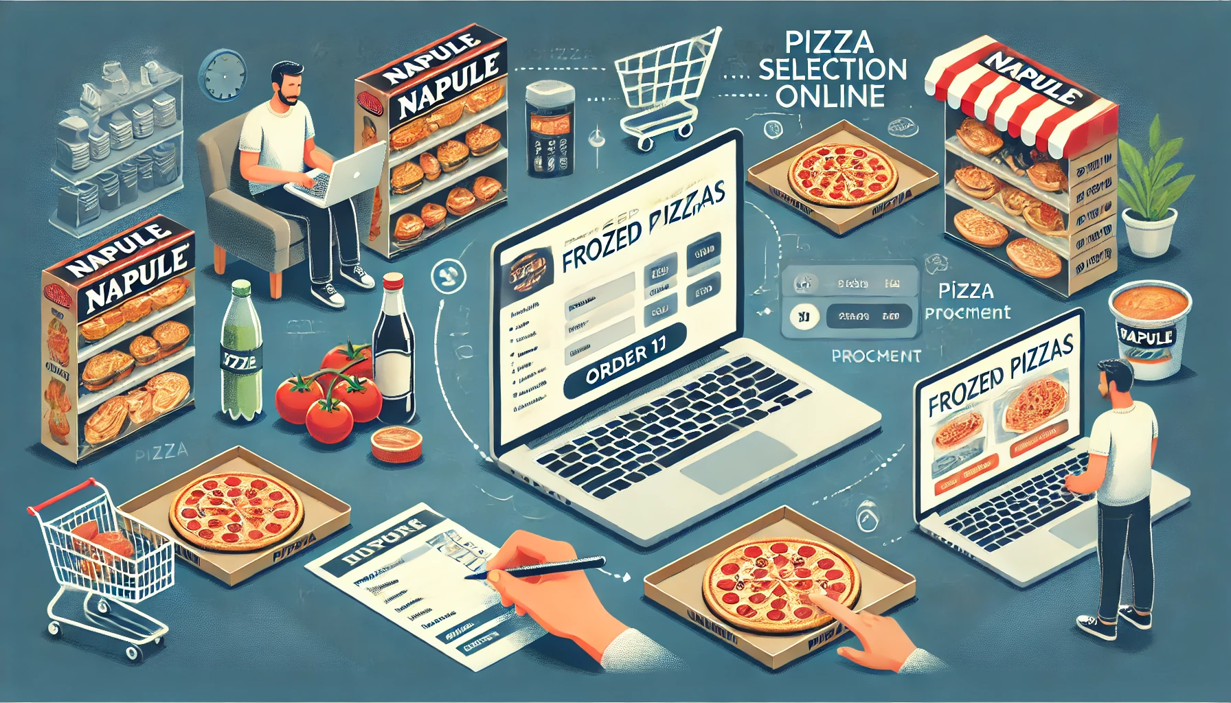 A step-by-step visual guide to ordering Napule's popular frozen pizzas online, showing a person using a laptop and the website interface with pizza selection and payment process.