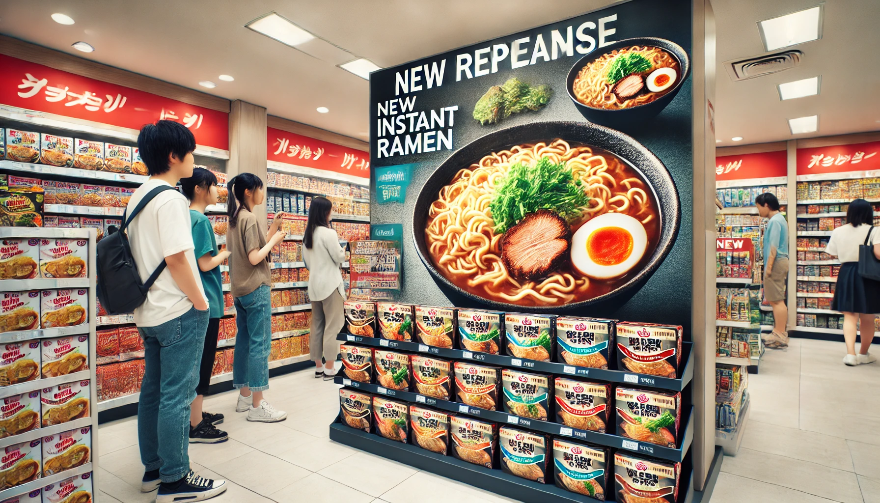 A promotional display inside a convenience store, highlighting a new release of instant ramen. The display showcases large posters with images of ramen bowls featuring thick noodles, rich broth, and hearty toppings. Customers in the background are curiously inspecting the display, excited to try the new product. The atmosphere feels modern and bright, with well-organized shelves and a prominent spotlight on the new instant ramen.