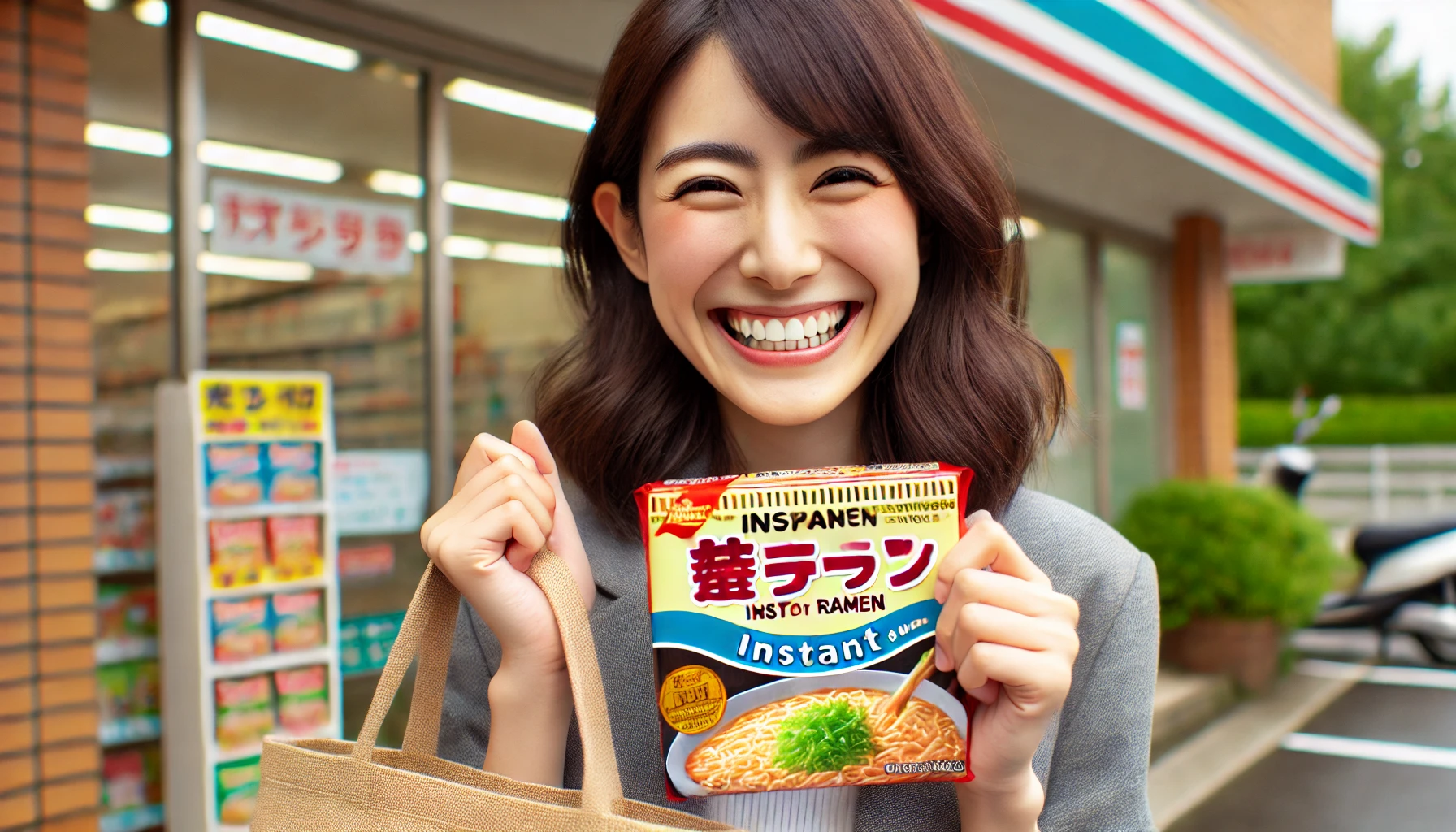 A happy customer holding a newly purchased package of instant ramen, showing excitement and satisfaction after acquiring the product. The customer is a Japanese person, smiling brightly in front of a convenience store, with the ramen package clearly visible. The scene feels celebratory, with the person standing outside the store, enjoying their successful purchase.