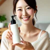 A happy Japanese woman holding a bottle of skincare lotion with herbal extracts in a simple, minimalist bottle. She is smiling and enjoying her new skincare product. The background is a clean, well-lit interior space, such as a living room or bathroom, highlighting a calm and satisfied atmosphere.