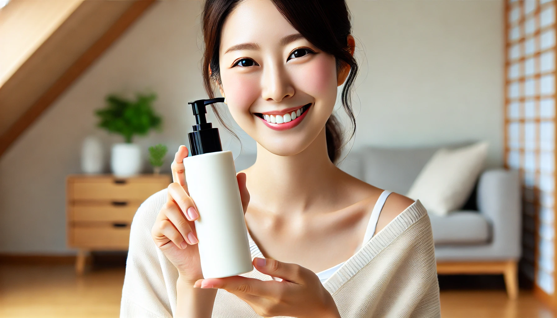 A happy Japanese woman holding a bottle of skincare lotion with herbal extracts in a simple, minimalist bottle. She is smiling and enjoying her new skincare product. The background is a clean, well-lit interior space, such as a living room or bathroom, highlighting a calm and satisfied atmosphere.