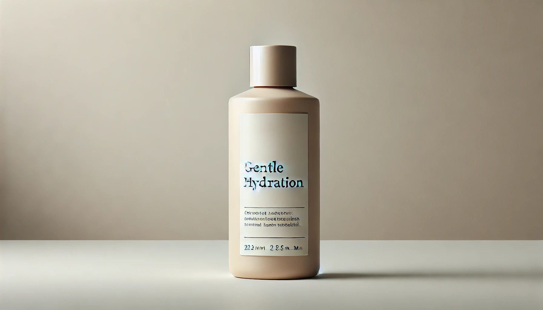 A minimalist product display featuring a bottle of skincare lotion with the description 'Gentle Hydration' on the label. The bottle is simple, with a soft beige color and clean design, placed against a neutral background, focusing on the product's ability to provide a smooth and hydrated feel.