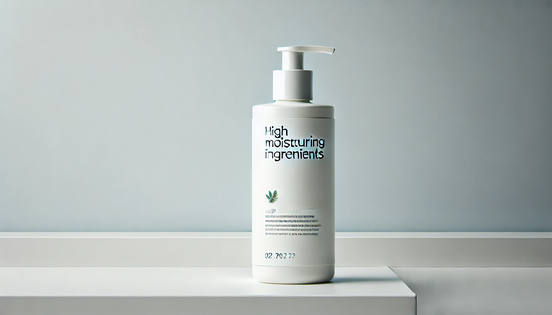 A simple product display featuring a bottle of skincare lotion with the description 'High Moisturizing Ingredients' on the label. The bottle is in a minimalist style, with a white and light blue color scheme, and is placed against a clean, modern background, emphasizing the simplicity and effectiveness of the product.