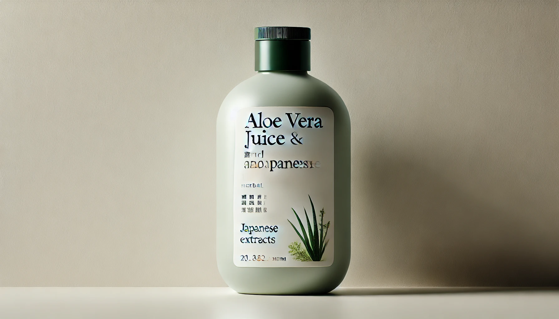 A minimalist product display featuring a bottle of skincare lotion with the description 'Aloe Vera Juice and Japanese Herbal Extracts' on the label, placed against a neutral background. The bottle design is simple and clean, emphasizing the natural ingredients, with subtle green and earthy tones reflecting the herbal content.