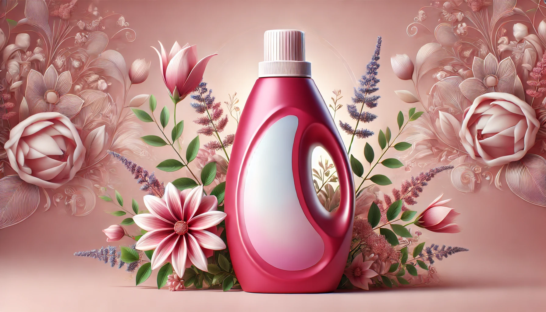 A vibrant, stylish image of a pink bottle of liquid laundry detergent with a floral and luxurious scent. The bottle is placed against a soft, elegant background with subtle floral elements that highlight the scent's premium and refreshing qualities.