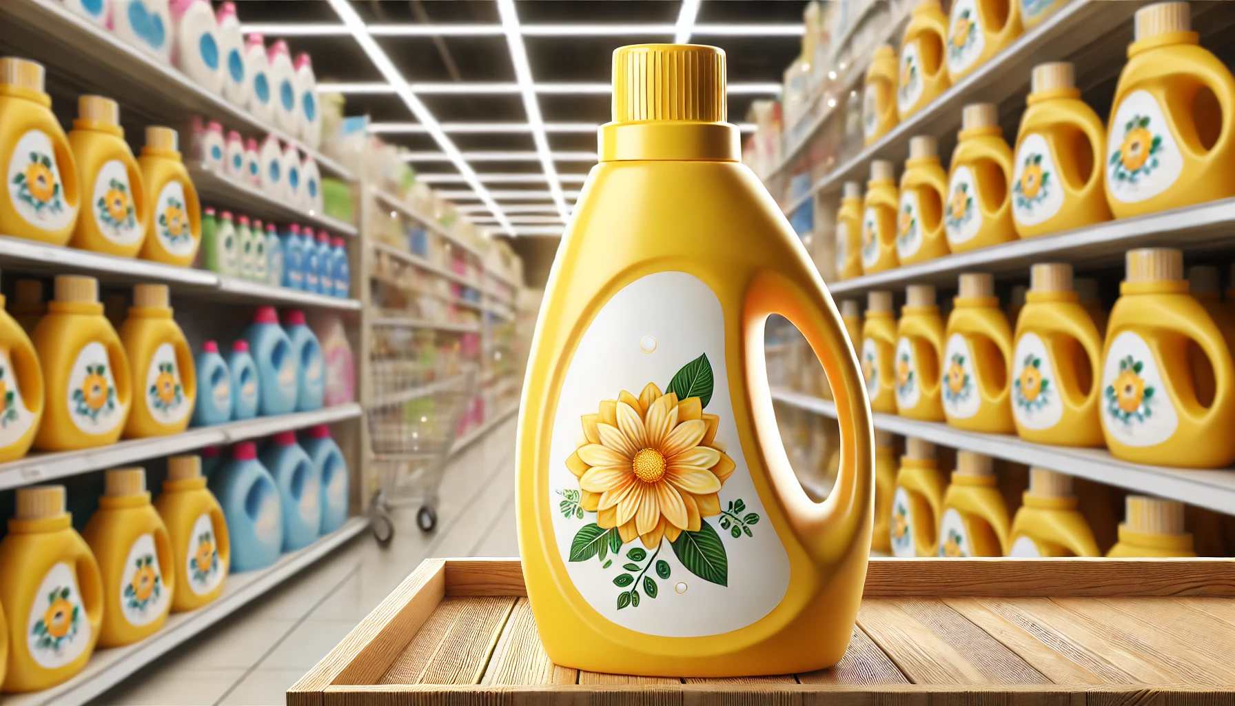 A bright and cheerful image of a yellow bottle of liquid laundry detergent with a floral scent. The bottle is placed in front of a store shelf, highlighting where the product is available. The background suggests a clean, well-lit retail environment.