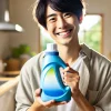 A happy person holding a bottle of liquid laundry detergent, smiling with joy after purchasing it. The person, who is Japanese, stands in a well-lit, cozy setting such as a kitchen or laundry room, representing satisfaction and happiness.