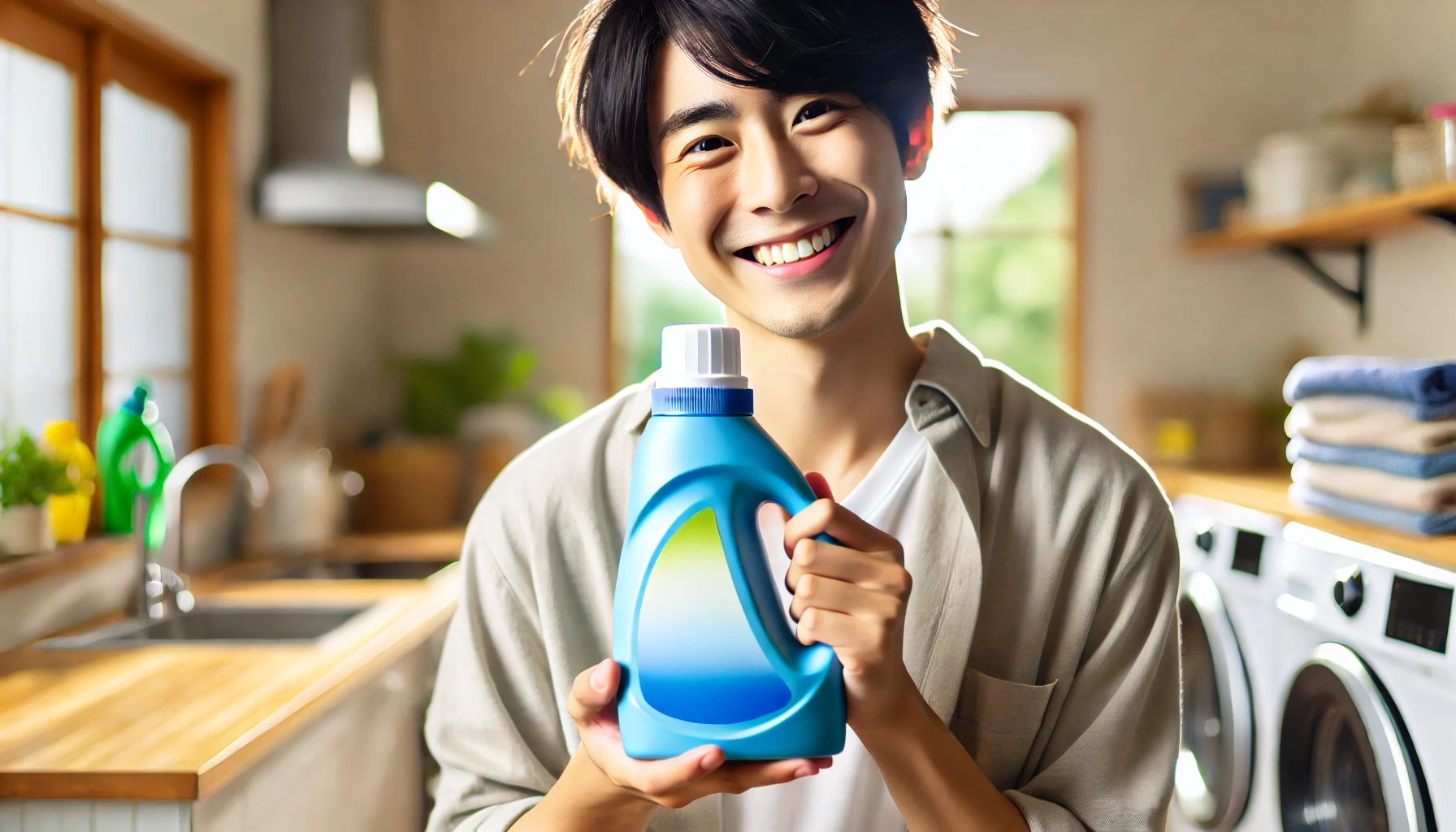 A happy person holding a bottle of liquid laundry detergent, smiling with joy after purchasing it. The person, who is Japanese, stands in a well-lit, cozy setting such as a kitchen or laundry room, representing satisfaction and happiness.