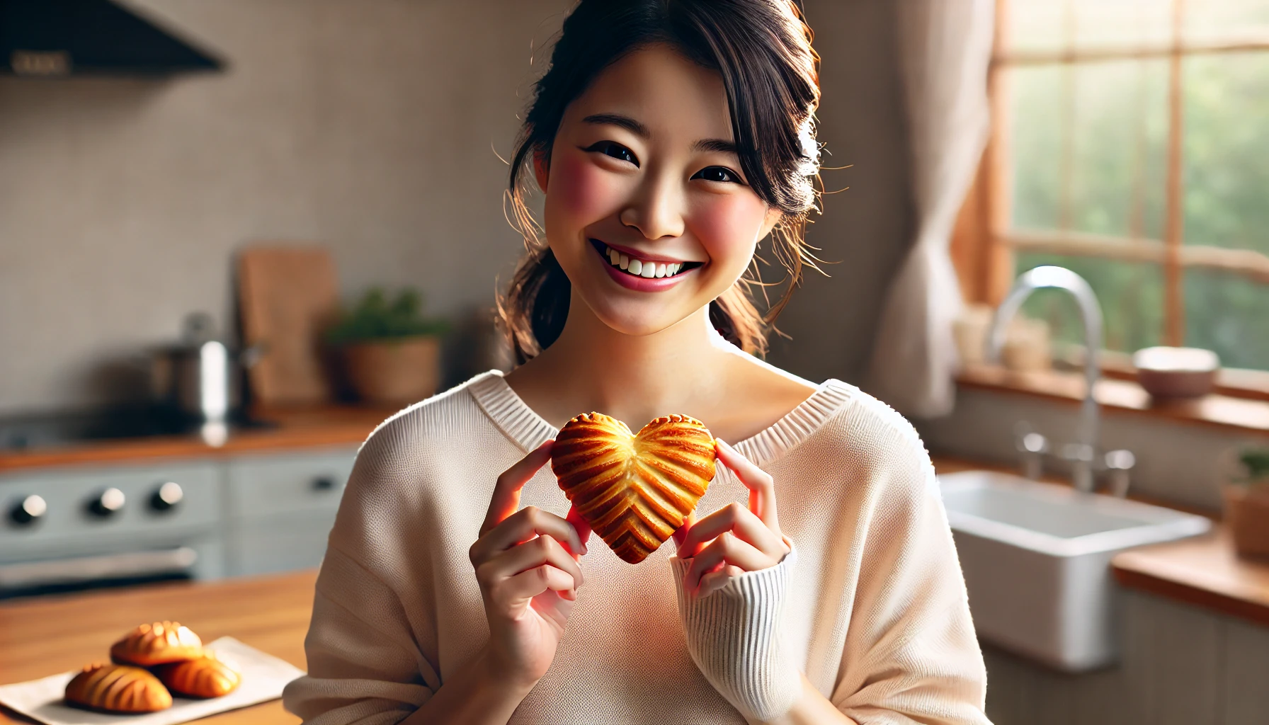 A person, a Japanese woman smiling joyfully as she holds a heart-shaped puff pastry similar to a Palmier, standing in a cozy kitchen setting with soft natural light and a calm background.