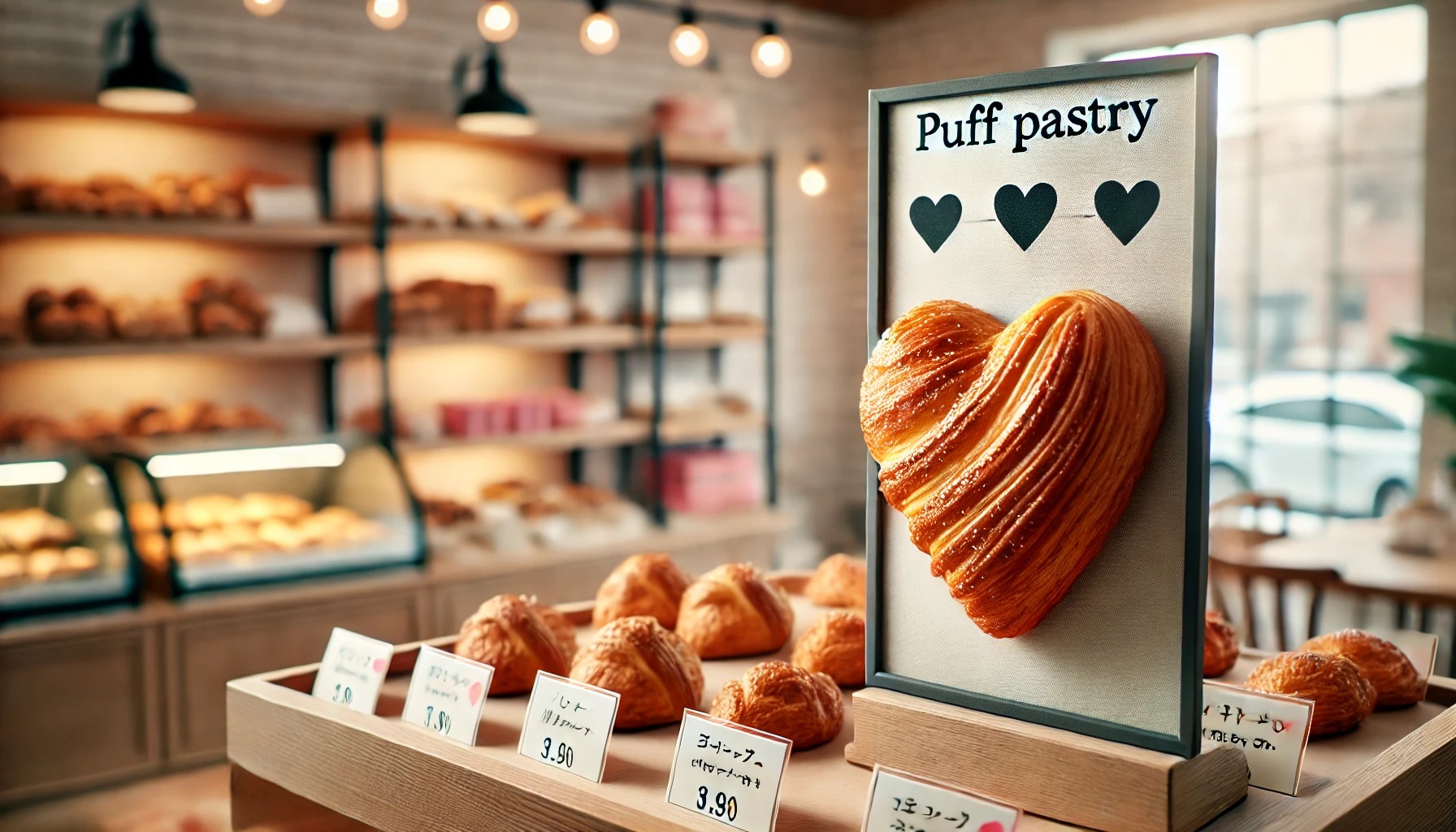 A display of heart-shaped puff pastry, similar to a Palmier, on a bakery shelf with clear signs showing where the product is being sold. The background features a cozy, inviting bakery with soft lighting and wooden shelves filled with various baked goods.