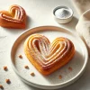 A delicious heart-shaped puff pastry similar to the traditional French Palmier on a plate, surrounded by some delicate sprinkles of powdered sugar, placed on a clean white table with a soft, bright background.