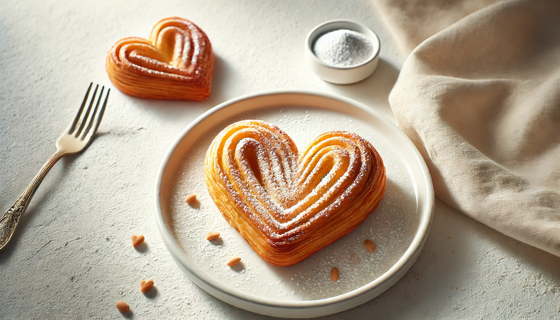 A delicious heart-shaped puff pastry similar to the traditional French Palmier on a plate, surrounded by some delicate sprinkles of powdered sugar, placed on a clean white table with a soft, bright background.