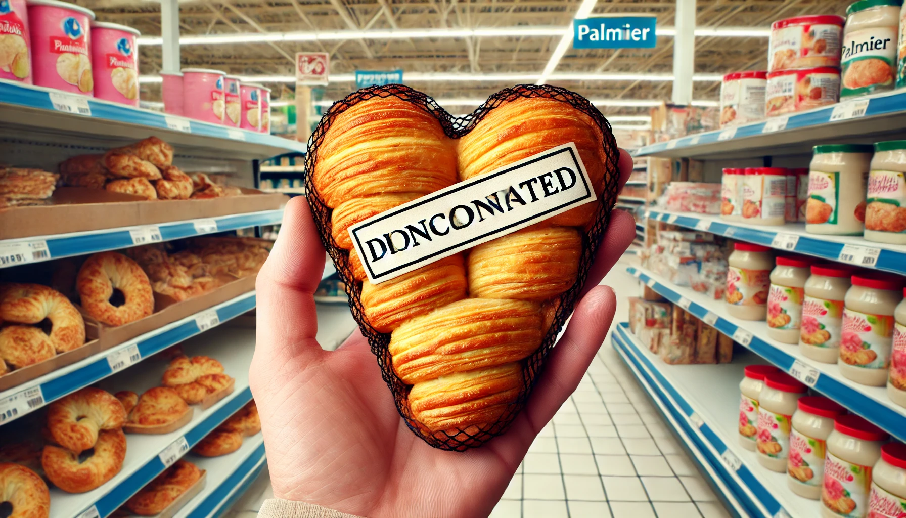 A heart-shaped puff pastry similar to a Palmier placed in a store shelf with a label, creating the impression that this product is mistaken for being discontinued. Background of the image features a grocery store setting with shelves and other baked goods.