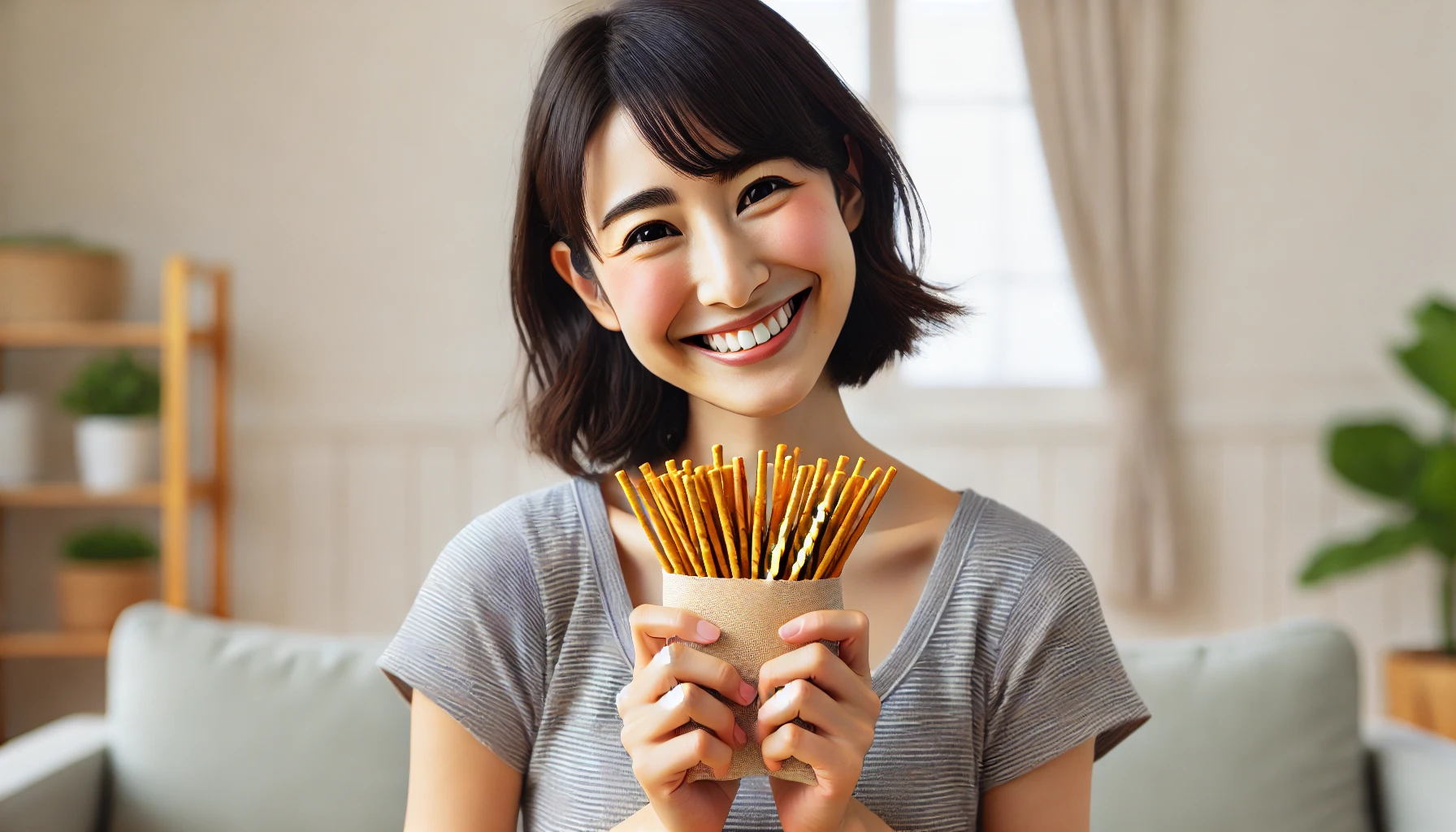 A happy person holding a pack of thin, stick-like snacks resembling pretzel sticks, with a joyful expression. The background is simple, focusing on their happiness after obtaining the snack. The person is Japanese, casually dressed, and smiling in a light, positive environment.