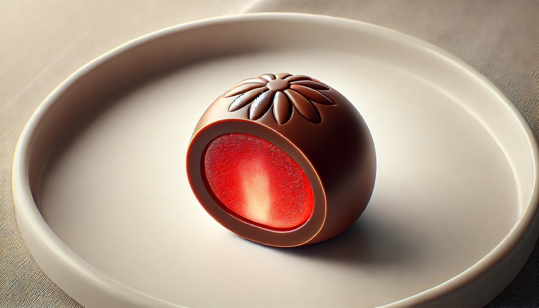 A small, oval-shaped chocolate candy with a red strawberry-flavored gummy inside. The chocolate is smooth and round, about the size of a bite, with a visible cutaway showing the red gummy inside. The candy is displayed on a white plate. The image should be horizontally oriented (16:9 ratio).