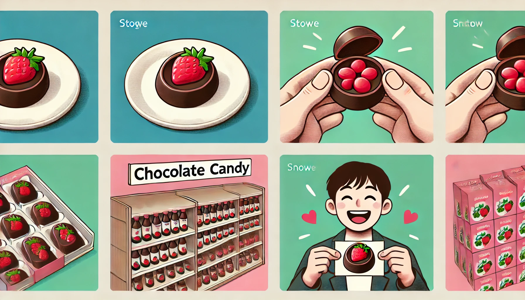 A small, oval-shaped chocolate candy with a red strawberry-flavored gummy inside. The chocolate is smooth and round, about the size of a bite, with a visible cutaway showing the red gummy inside. The images should reflect four different stages: 1) The candy itself displayed on a white plate. 2) A visual representation clarifying a misunderstanding that this candy was discontinued. 3) A store shelf showing where this chocolate candy can be purchased, including similar candies around it. 4) A happy person holding the chocolate candy, smiling with joy upon receiving it. The person should be Japanese, and the images should be horizontally oriented (16:9 ratio).