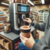 A person enjoying a freshly made cocoa drink at a convenience store, with the store environment and cocoa machine in the background.