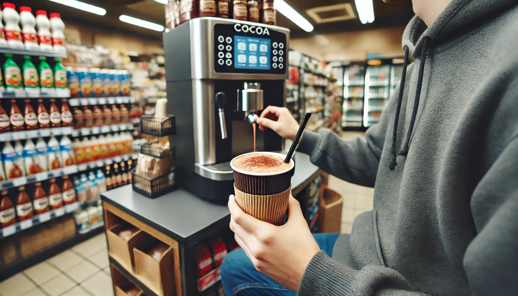 A person enjoying a freshly made cocoa drink at a convenience store, with the store environment and cocoa machine in the background.