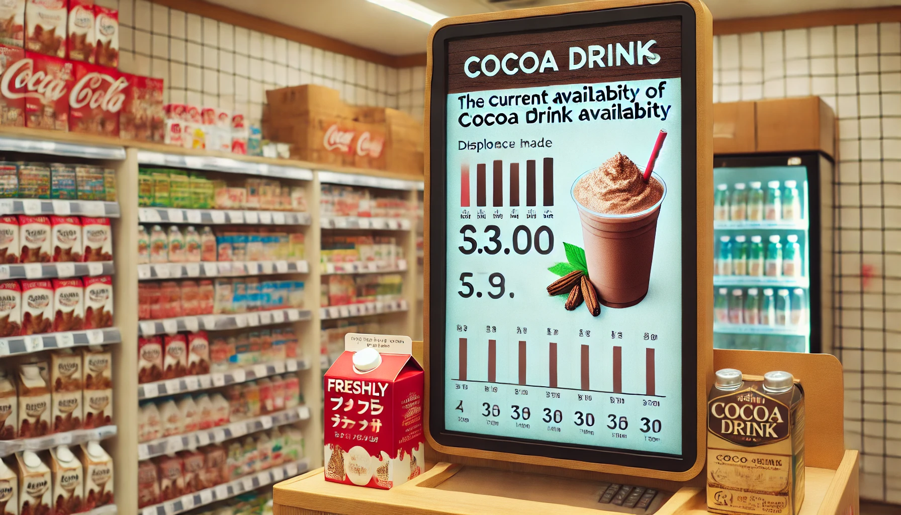 A convenience store counter with a display showing the current availability of freshly made cocoa drinks. The display board should show the status of cocoa drink availability.