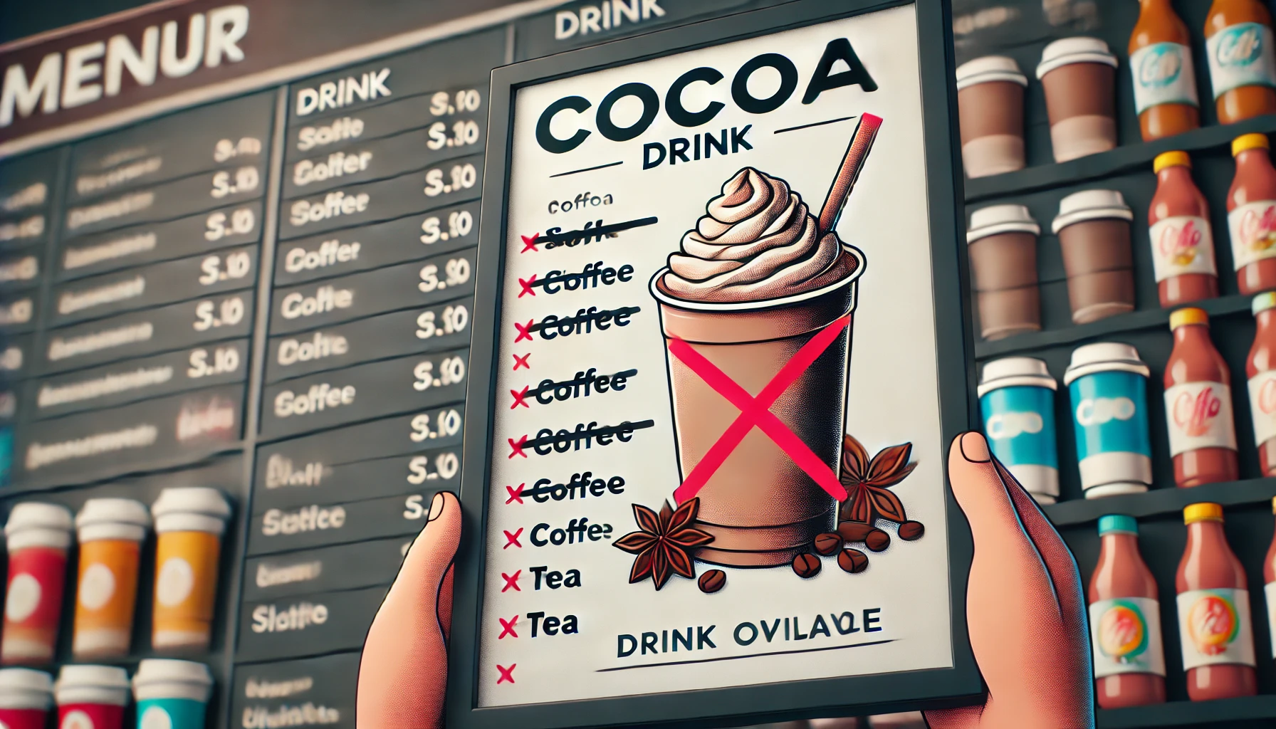 A convenience store menu board with the cocoa drink option being crossed out or removed, indicating it is no longer available. The menu should include other drink options like coffee and tea.