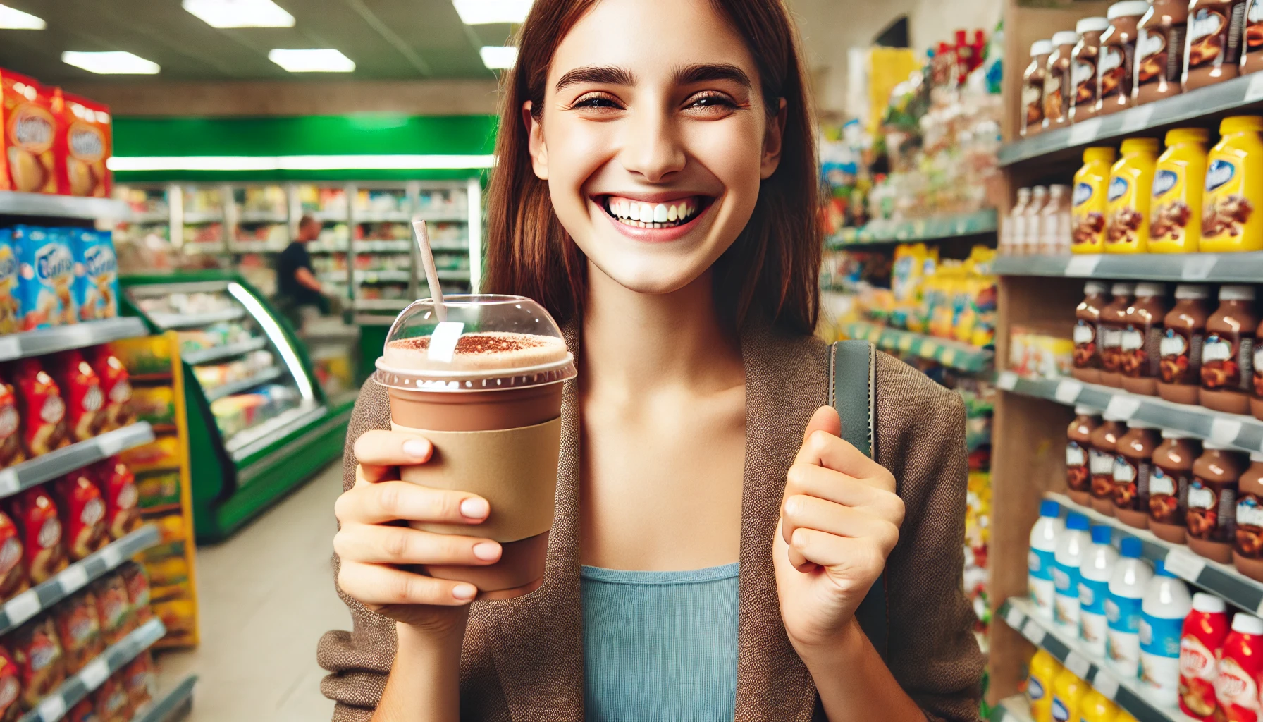 A happy person holding a freshly made cocoa drink in a convenience store, looking delighted and satisfied with their purchase. The store environment should be visible in the background.