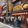 A bustling street in Kichijoji, Tokyo with people lining up outside a popular ramen shop that serves famous abura soba (oil noodles). The shopfront has a traditional Japanese look with red lanterns and a signboard in Japanese.