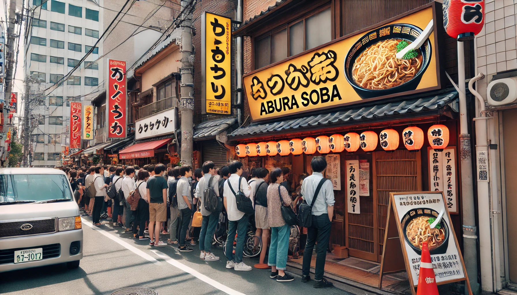 A bustling street in Kichijoji, Tokyo with people lining up outside a popular ramen shop that serves famous abura soba (oil noodles). The shopfront has a traditional Japanese look with red lanterns and a signboard in Japanese.