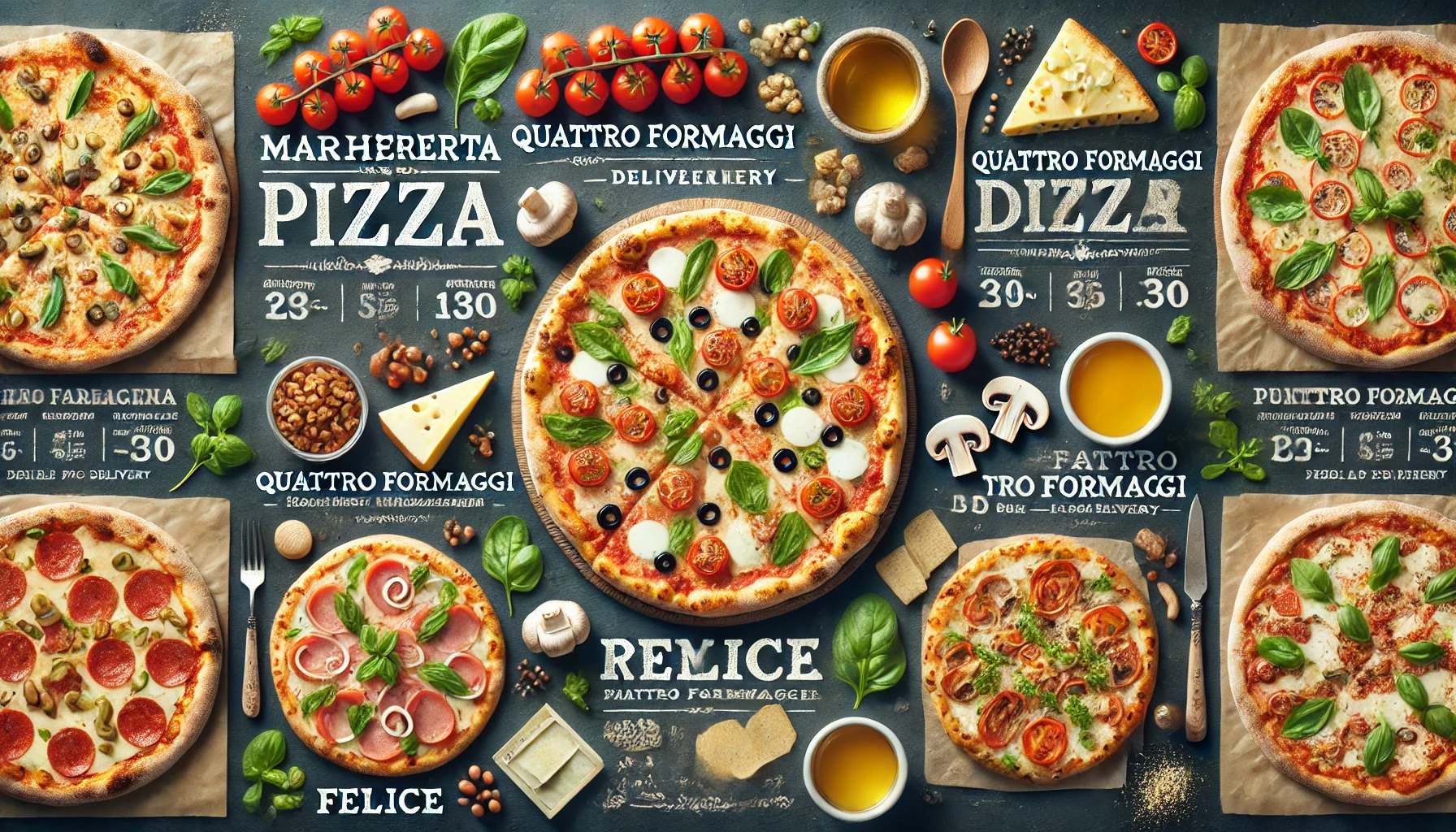 A delicious array of popular pizza options available for delivery, including Margherita, Quattro Formaggi, Romana, and Felice, with detailed descriptions and ingredients displayed.