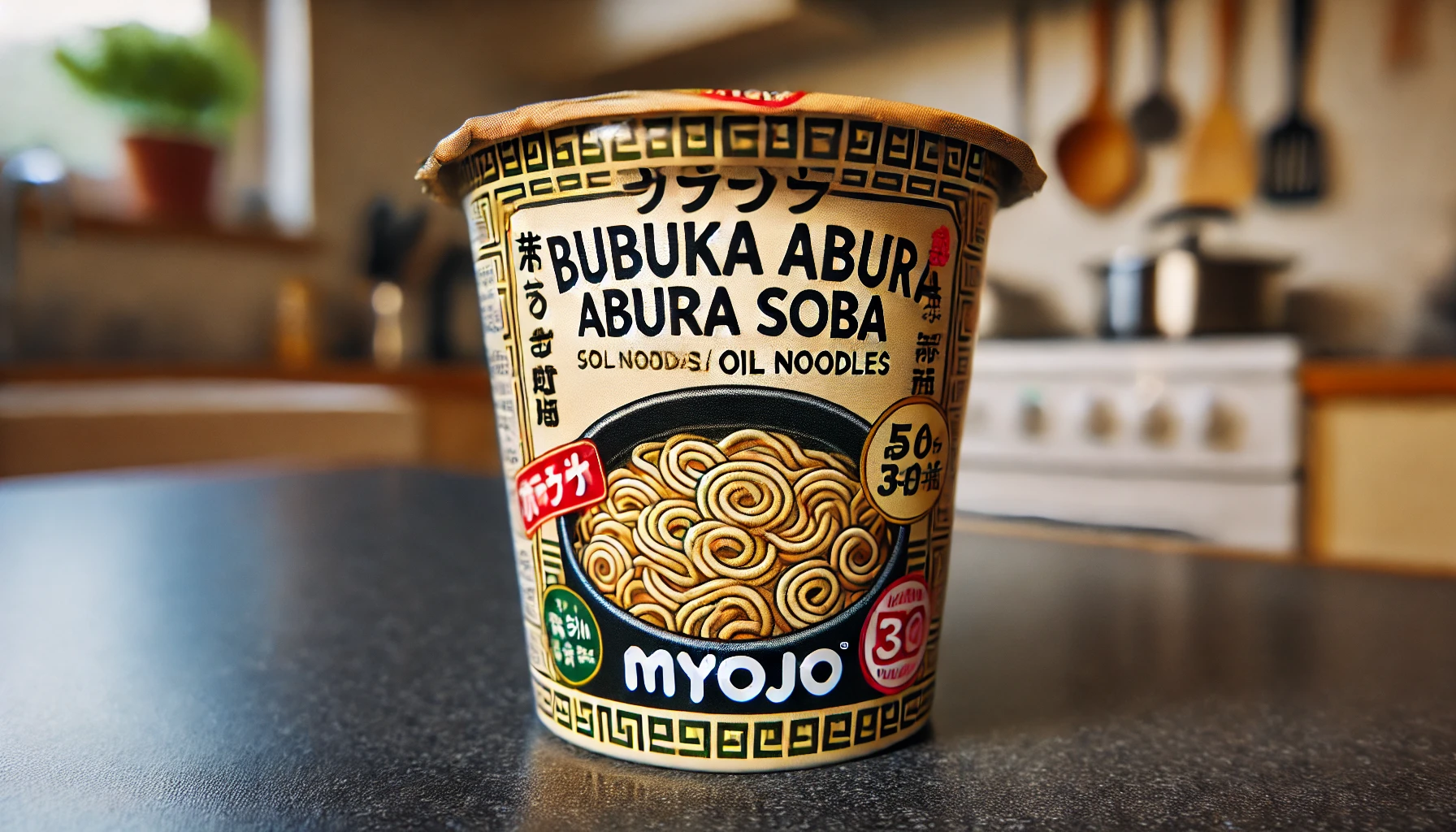 A detailed close-up of a packaged cup of BUBUKA abura soba (oil noodles) sold by Myojo, showcasing the product's label and packaging design. The cup is placed on a kitchen countertop.