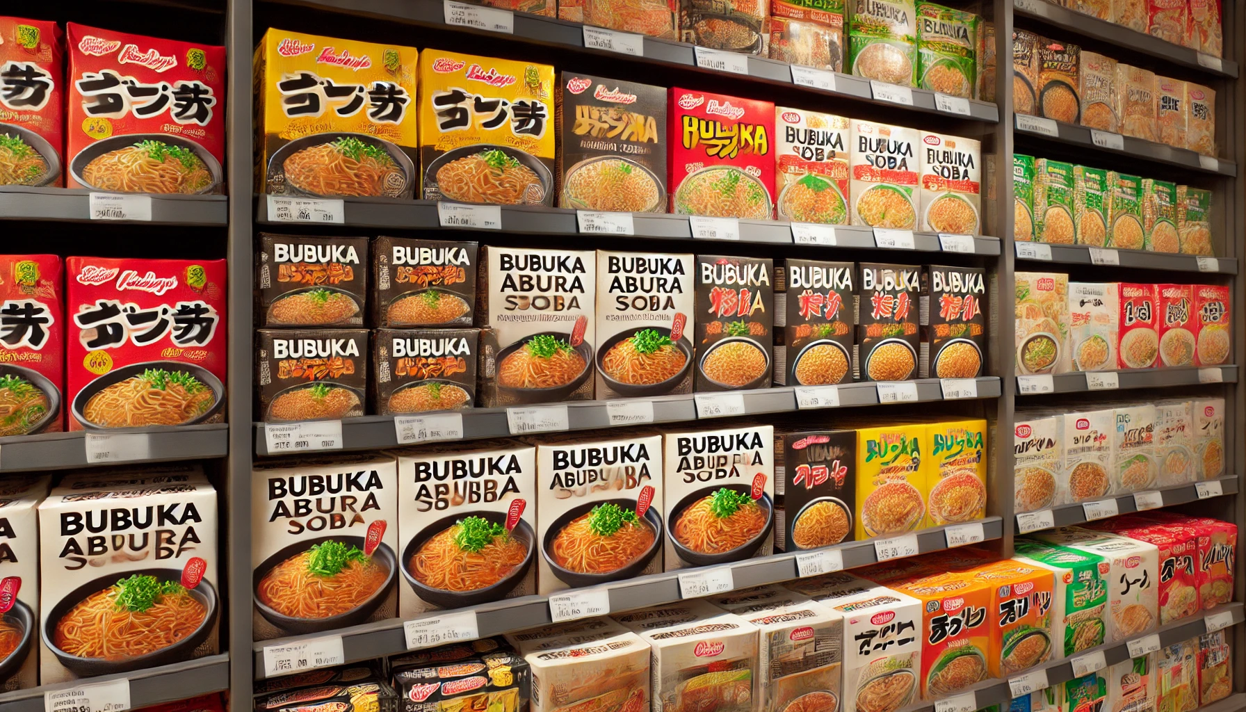 A well-organized store shelf displaying various instant noodles, including BUBUKA abura soba, in a Japanese convenience store. The shelves are neatly stocked, and the packaging of the noodles is clearly visible.