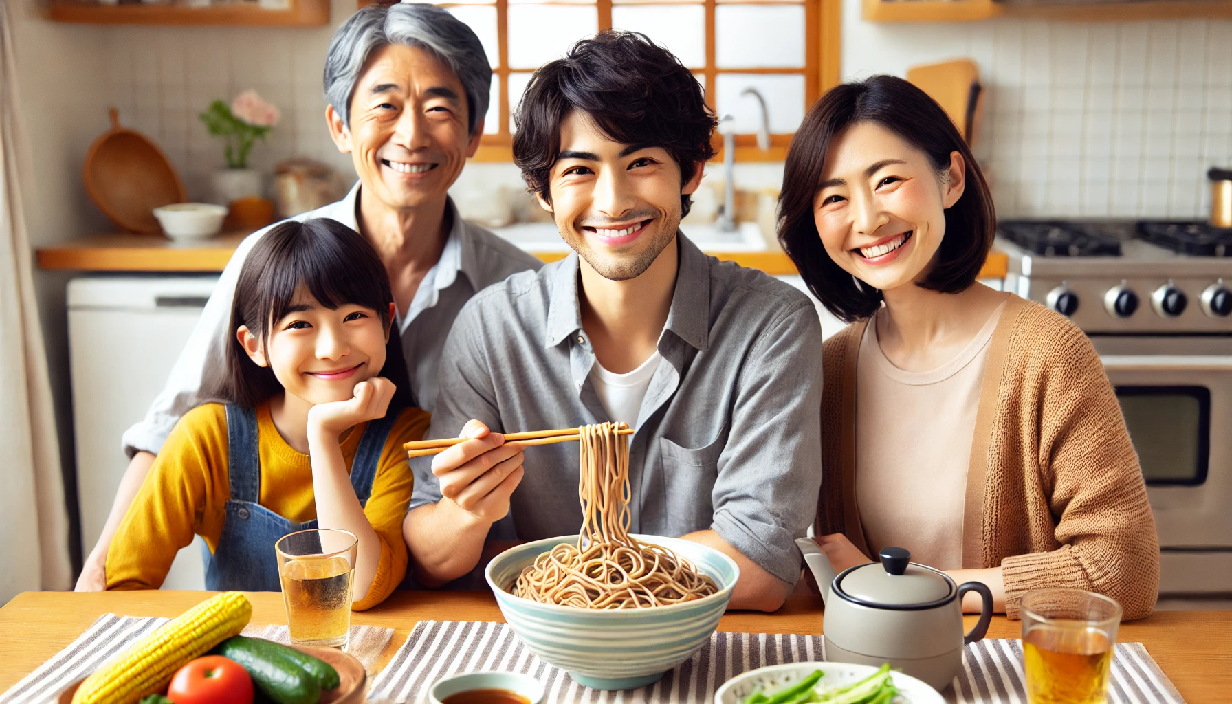 A happy Japanese family in their home kitchen, enjoying a meal together with BUBUKA abura soba (oil noodles) on the table. They are smiling and looking satisfied with the meal.