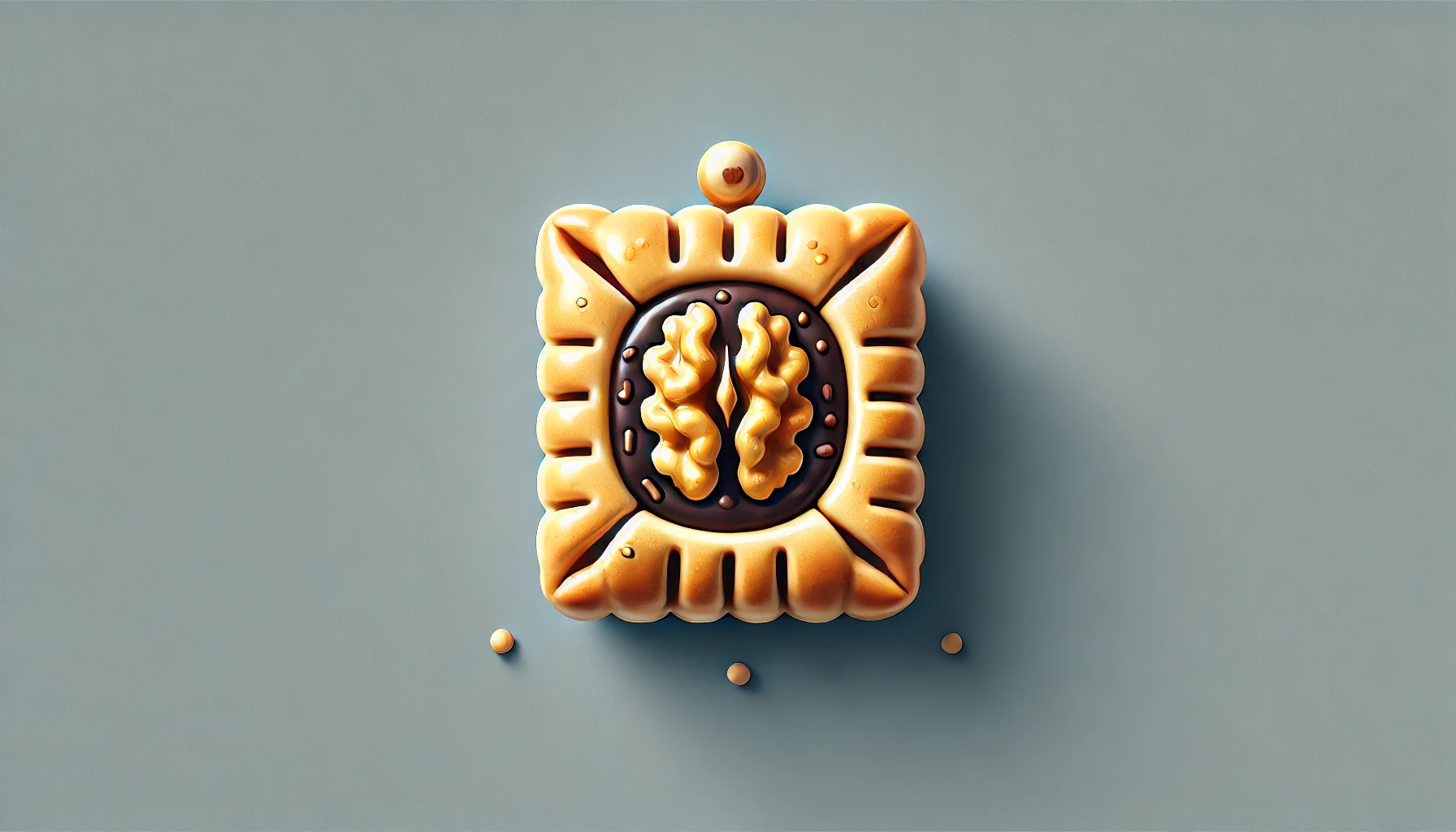 A pastry with a square shield-like appearance, filled with walnut and bean paste, and baked to a golden brown, showcasing its popularity among people.