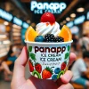 A close-up of a Panapp ice cream cup showing its branding and fruit-filled top, with a background that suggests it is a popular product from Glico.