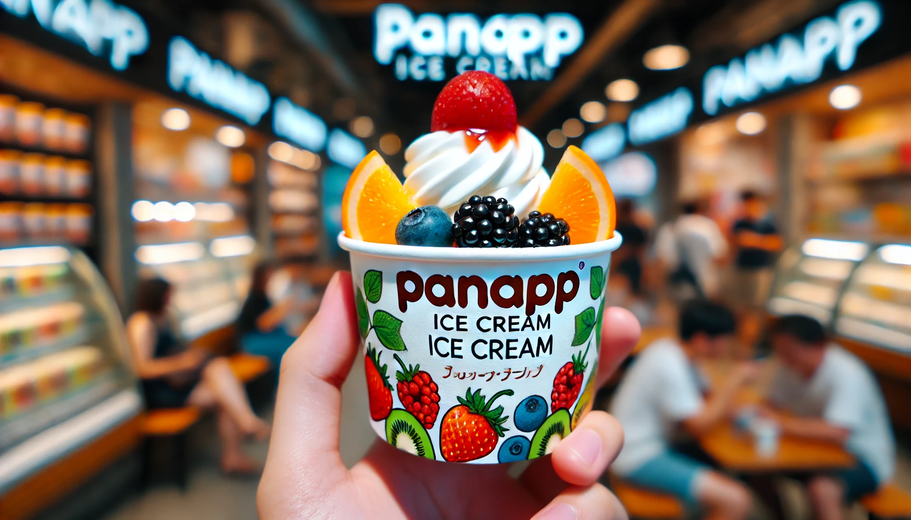 A close-up of a Panapp ice cream cup showing its branding and fruit-filled top, with a background that suggests it is a popular product from Glico.