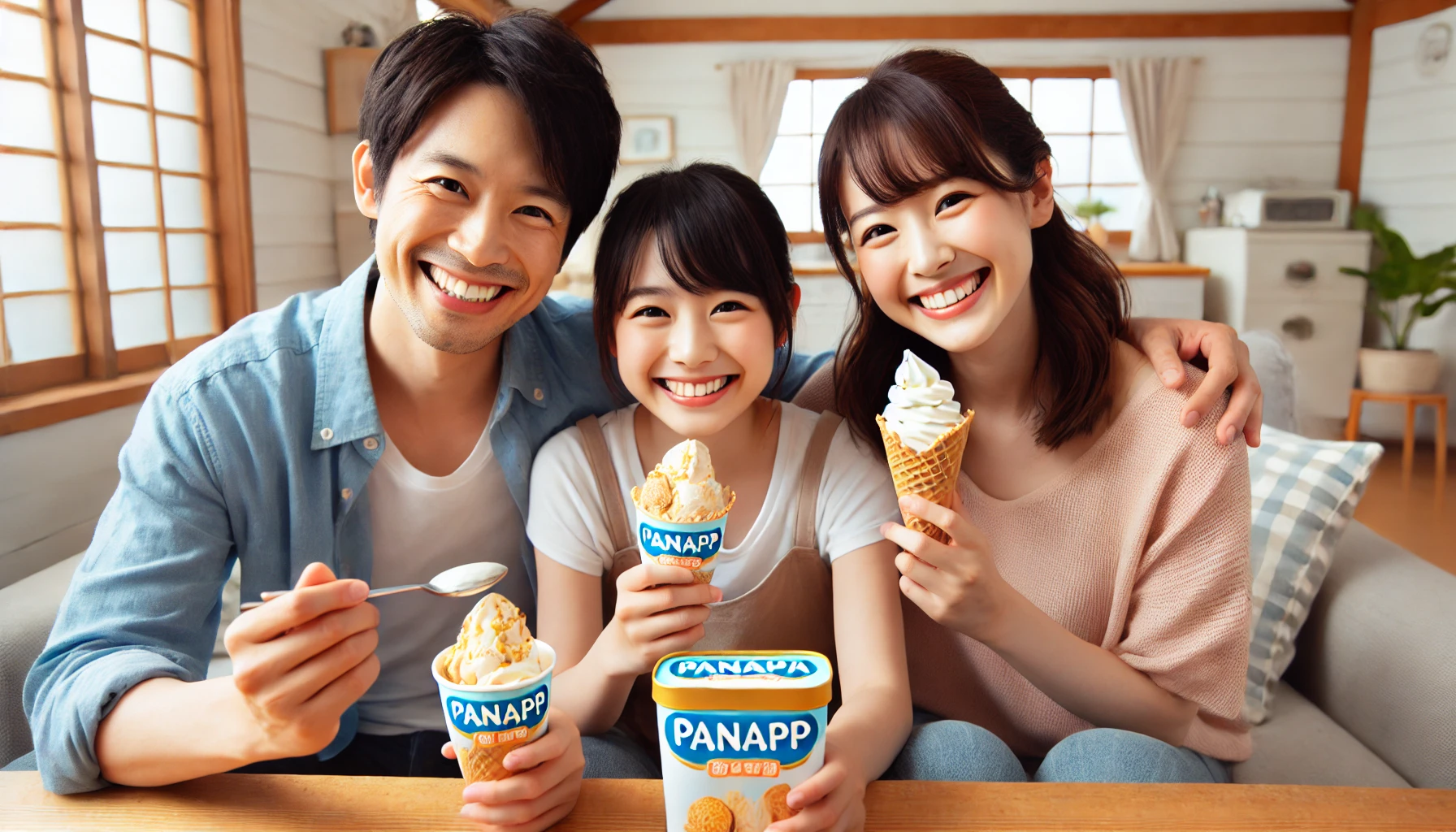 A happy Japanese family at home, smiling and enjoying Panapp ice cream together, showing their joy and satisfaction.