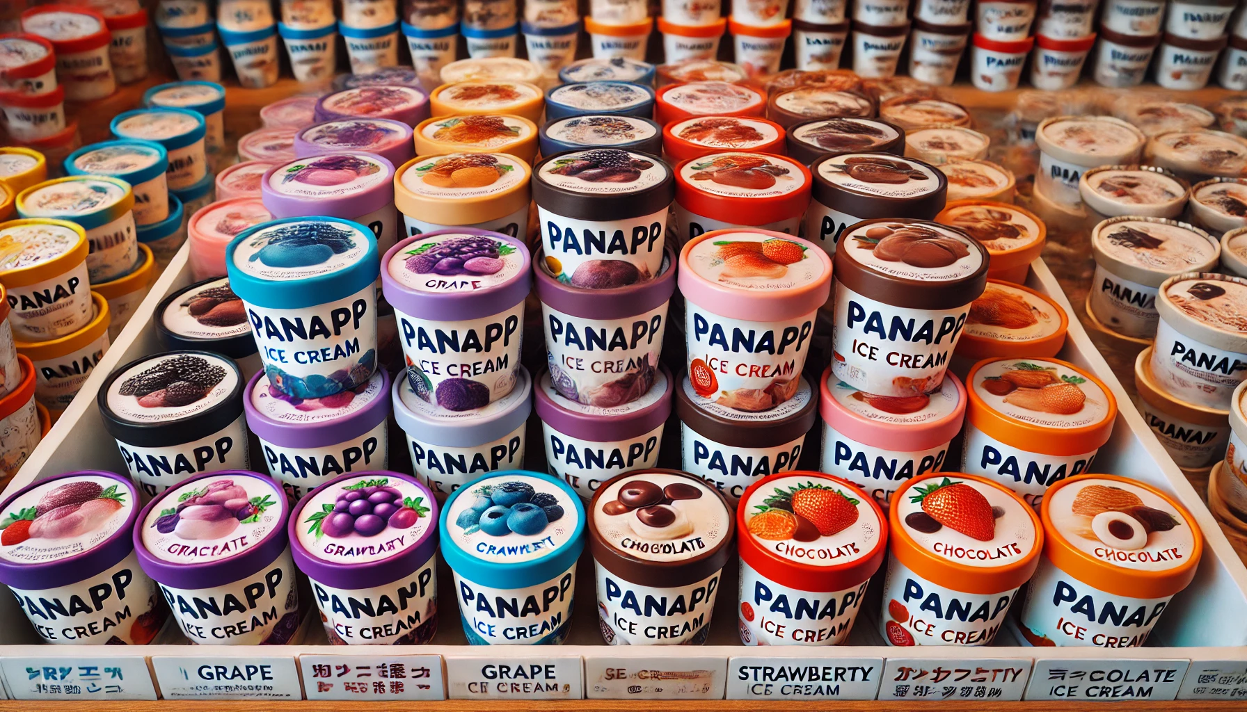 An array of Panapp ice cream cups in different flavors such as grape, strawberry, and chocolate, arranged neatly in a store display to showcase their popularity and variety.