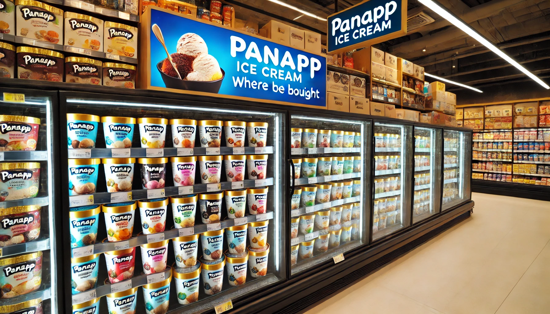 A grocery store aisle with a freezer section prominently displaying Panapp ice cream cups in various flavors, highlighting where they can be bought.