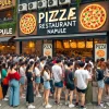 A bustling popular pizza restaurant with a long queue outside, showcasing a vibrant atmosphere with people waiting eagerly. The storefront displays a sign for 'Napule'.