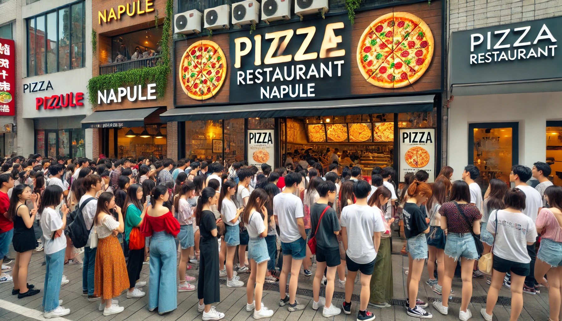 A bustling popular pizza restaurant with a long queue outside, showcasing a vibrant atmosphere with people waiting eagerly. The storefront displays a sign for 'Napule'.