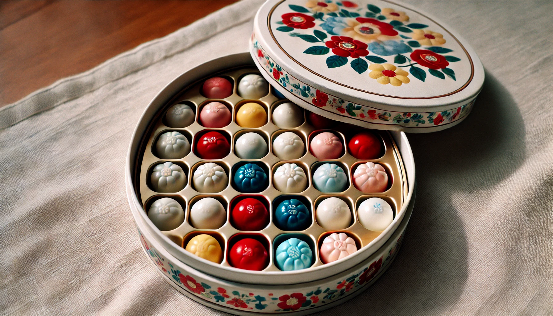 A round box of small, colorful bonbons arranged in separate sections. The bonbons are in shades of red, blue, white, and yellow, neatly organized in distinct sections, each containing 5 to 6 bonbons of the same color. The round box has a floral motif on its lid. The box is open, showing the bonbons inside. The background includes a table or surface where the box is placed.