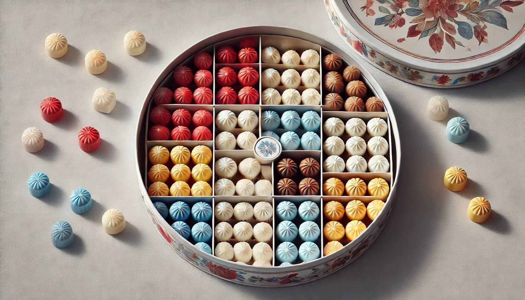 A round box of small, colorful bonbons arranged in separate sections. The bonbons are in shades of red, blue, white, and yellow, neatly organized in distinct sections, each containing 5 to 6 bonbons of the same color. The round box has a floral motif on its lid. The box is open, showing the bonbons inside. The background includes a table or surface where the box is placed.