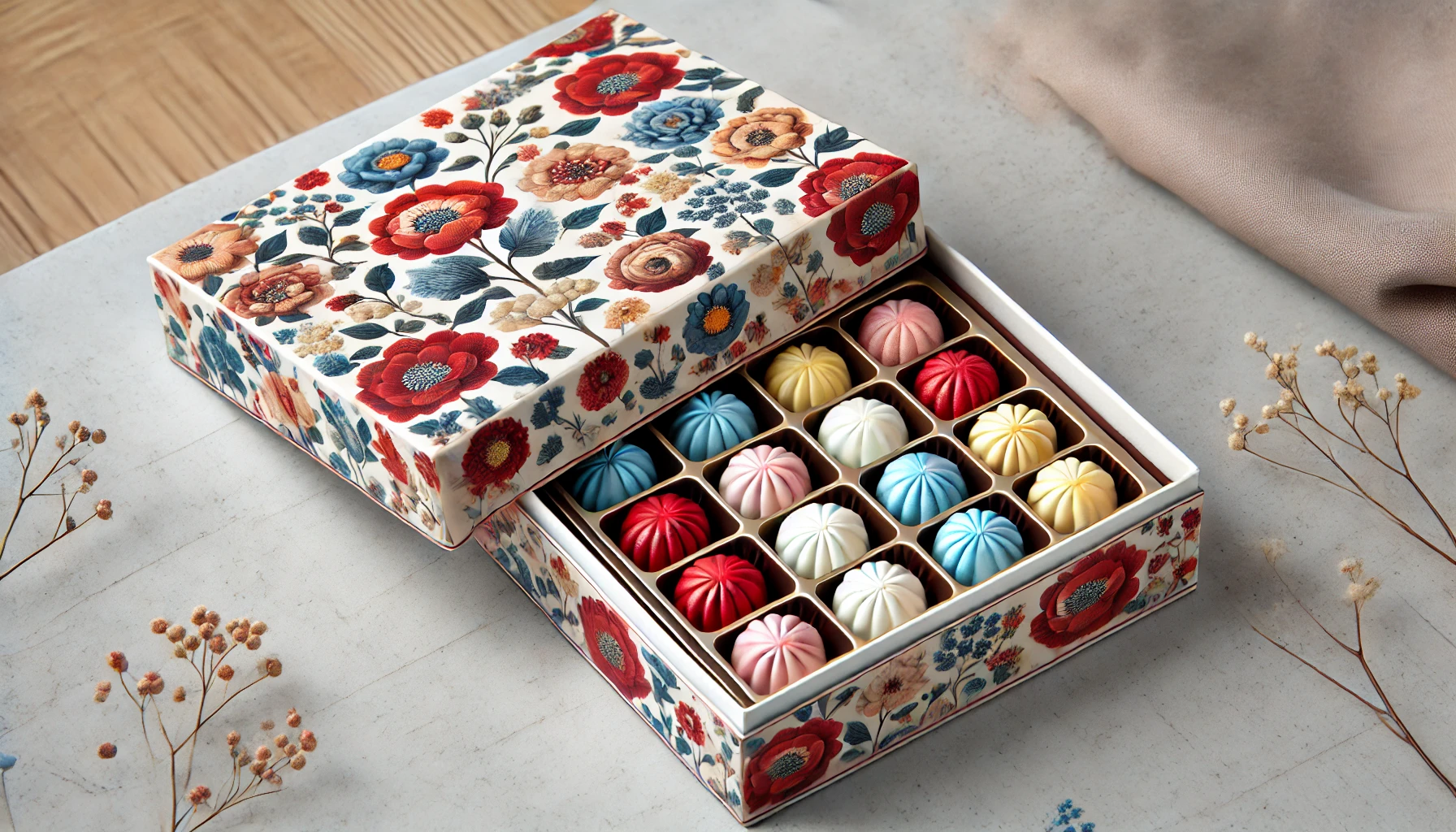 A beautifully designed confectionery packaging with a floral motif. The package contains small, colorful, round bonbons neatly arranged in sections, each section containing 5 to 6 bonbons of the same color. The bonbons are in shades of red, blue, white, and yellow, neatly organized in distinct sections within the box. The box is open, showing the bonbons inside. The background includes a table or surface where the box is placed.