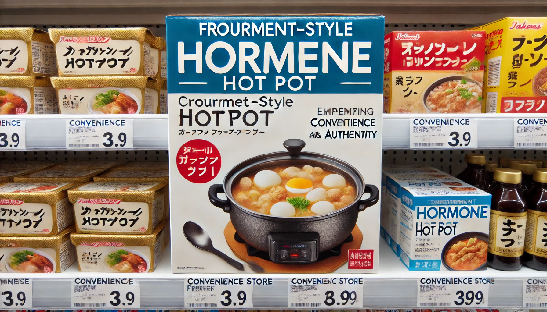 A frozen gourmet-style hormone hot pot displayed in a convenience store freezer section, emphasizing convenience and authenticity, with Japanese packaging visible, in a horizontal 16:9 format.