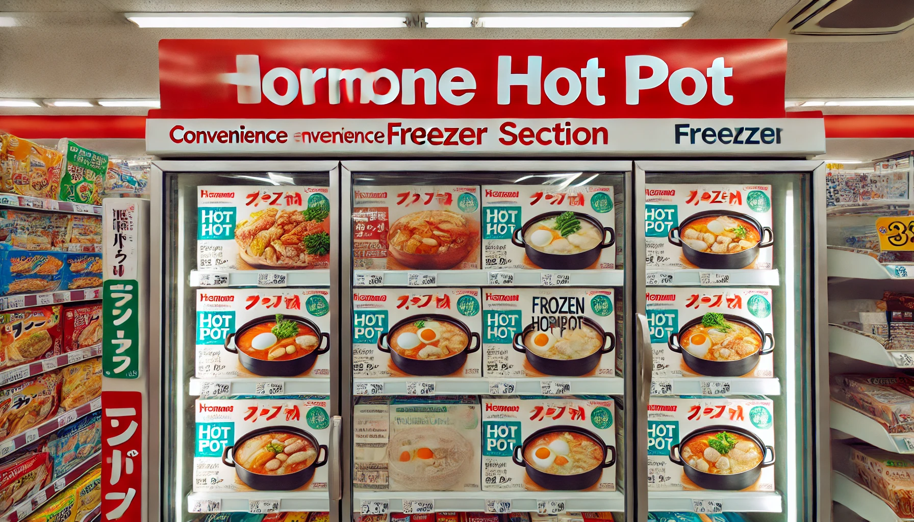 A convenience store freezer section showing multiple packs of frozen hormone hot pot, highlighting the locations where it is sold, with a Japanese packaging theme, in a horizontal 16:9 format.