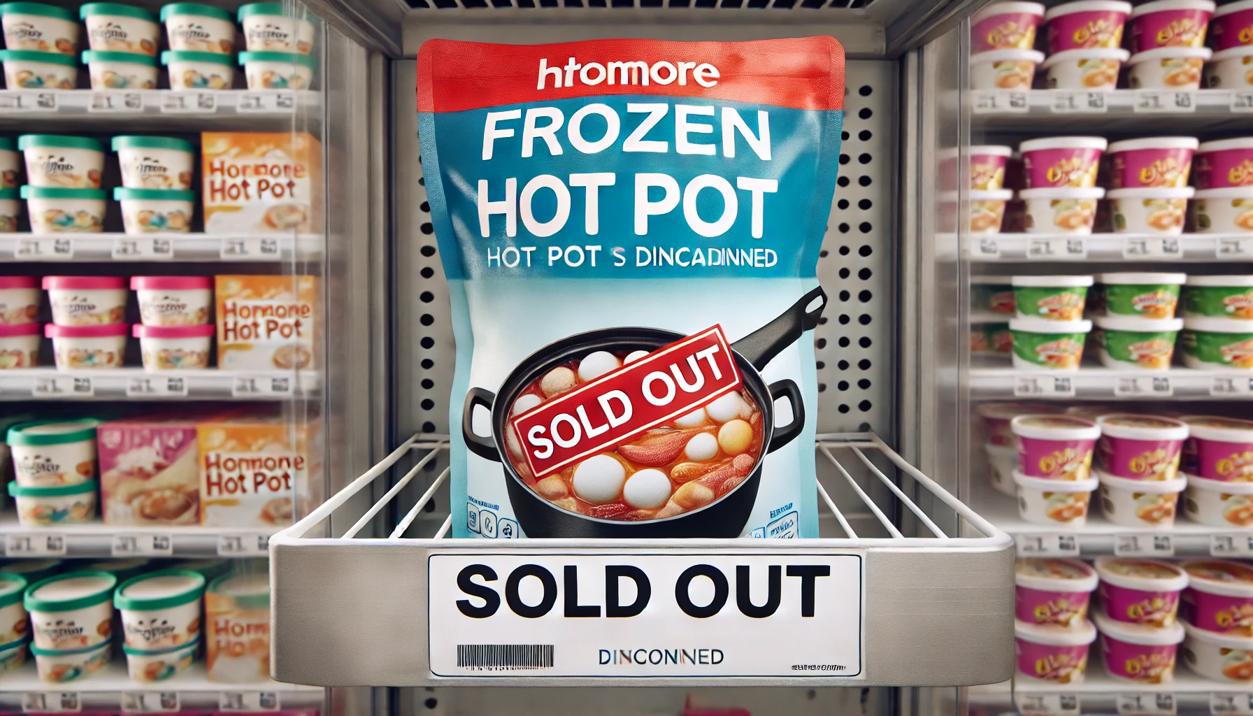 A frozen hormone hot pot package in focus with a 'sold out' sign beside it, showing the confusion around whether it's discontinued, in a convenience store freezer, in a horizontal 16:9 format.