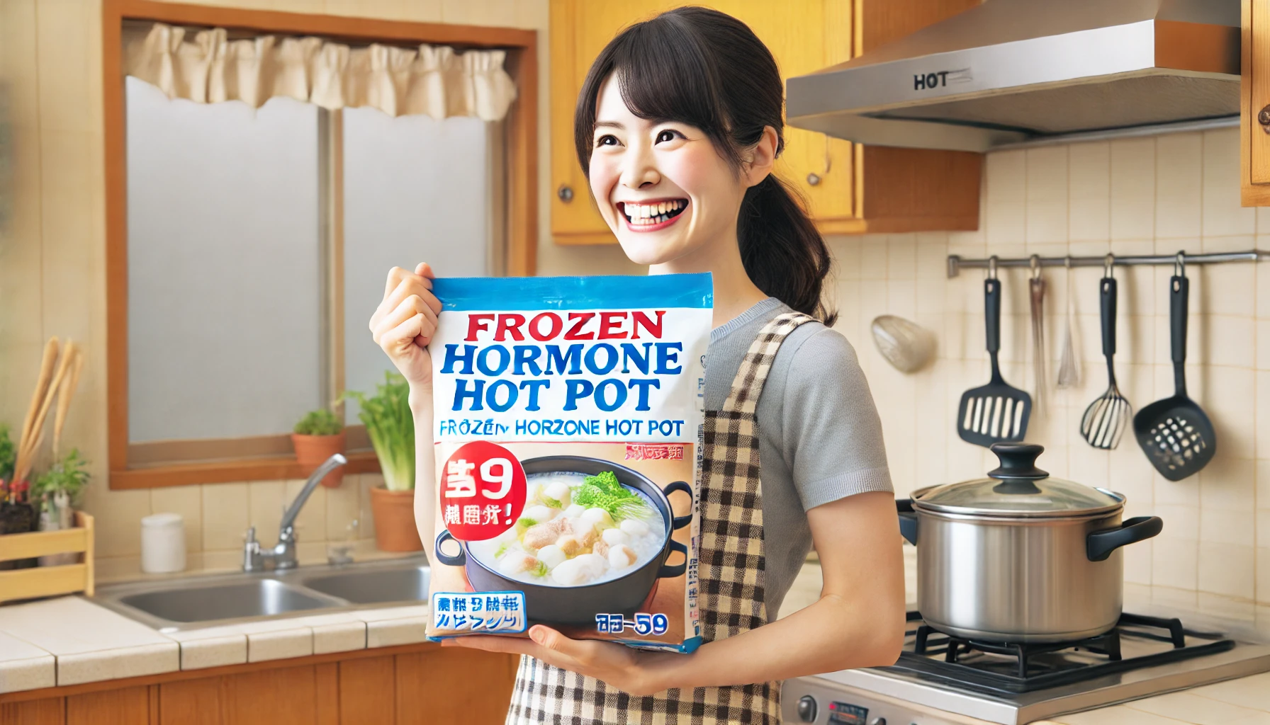 A happy Japanese person holding a bag of frozen hormone hot pot in a home kitchen setting, showing excitement after purchasing it, in a horizontal 16:9 format.