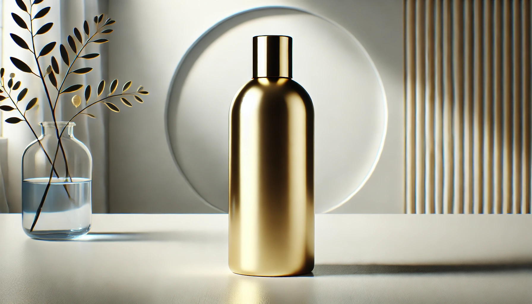 An image of a gold-colored bottle of air freshener or deodorizer prominently placed on a clean white table with a simple, modern background. The bottle is sleek and elegant, radiating a sense of premium quality. No people are in this image.