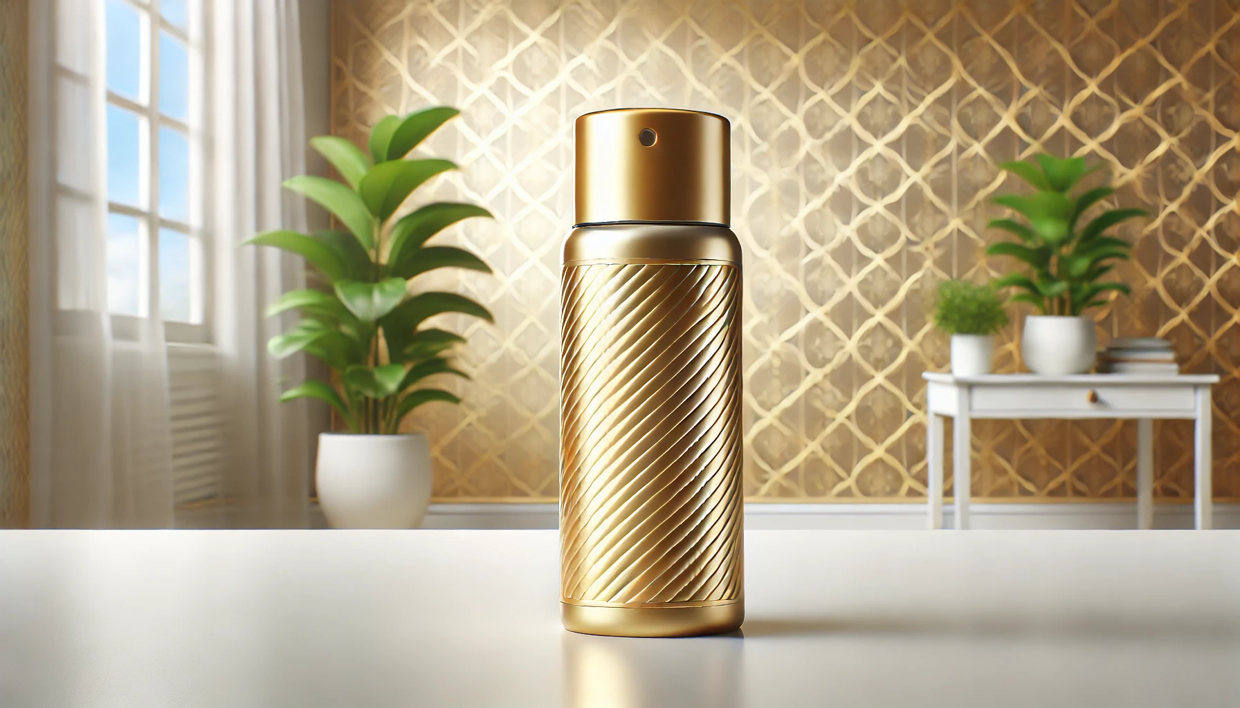 An image of a gold-colored bottle of air freshener or deodorizer on a clean white table, now updated with a new and sleek modern design to reflect its improved features. The background includes a subtle pattern or gradient, and the overall setting gives a sense of renewal and improvement. No people are in this image.